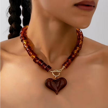 Acrylic Beaded Chain Statement Necklace with Large Amber Heart