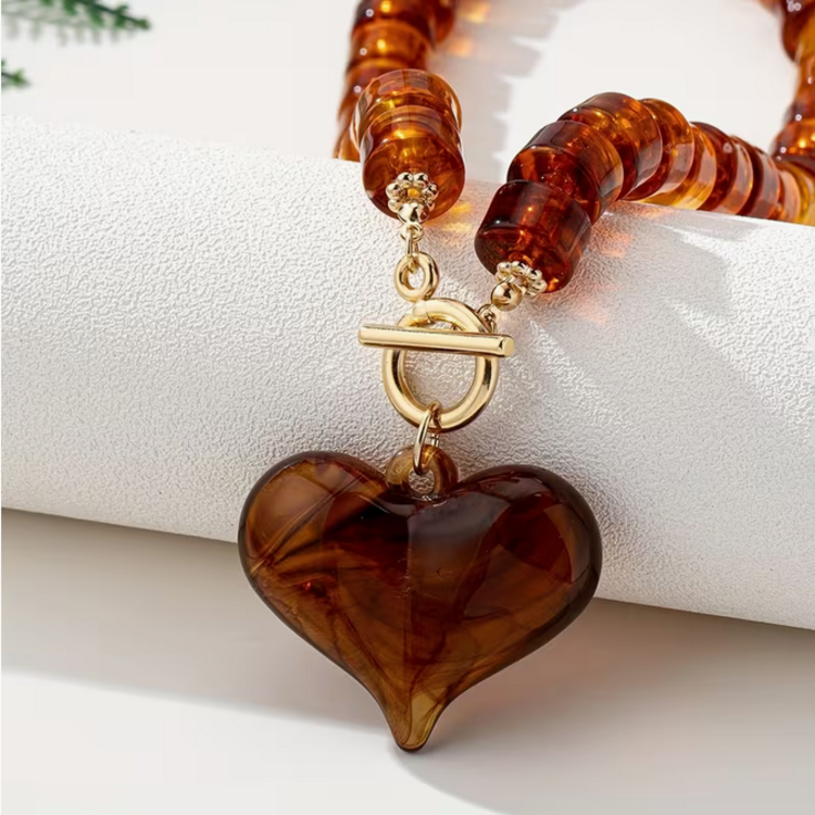 Acrylic Beaded Chain Statement Necklace with Large Amber Heart