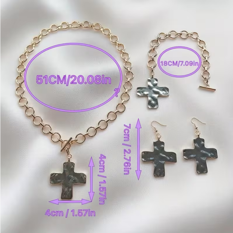 4pcs Golden Vintage Hammered Cross Necklace Set