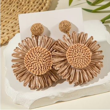Woven Raffia Sunflower Earrings
