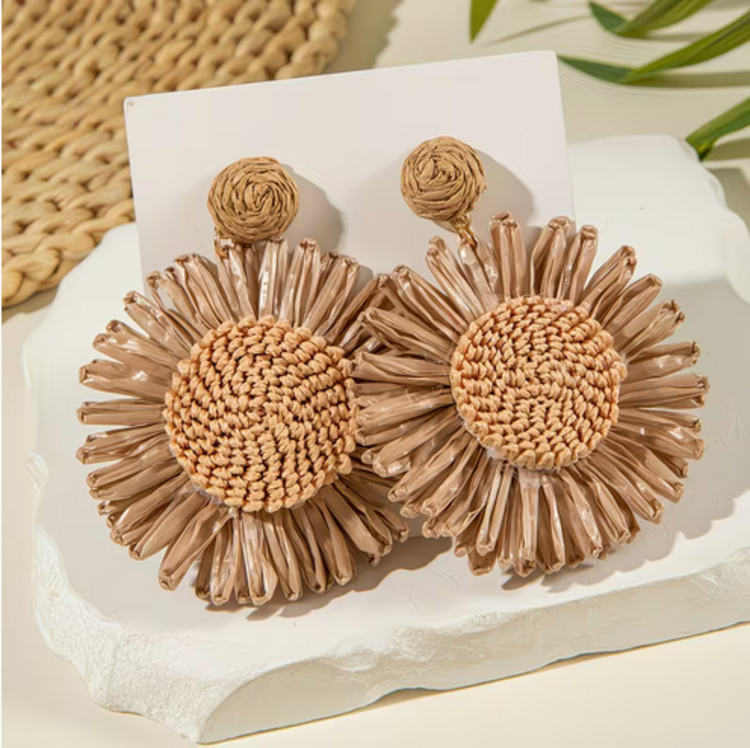 Woven Raffia Sunflower Earrings