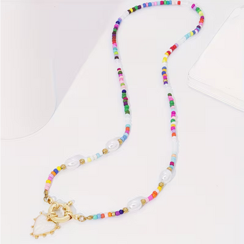 Bohemian Handmade Colorful Seed Bead Strand with Sailor Clasp Heart Pendant