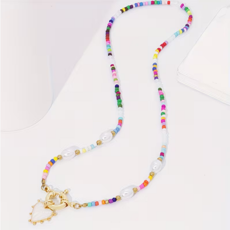 Bohemian Handmade Colorful Seed Bead Strand with Sailor Clasp Heart Pendant