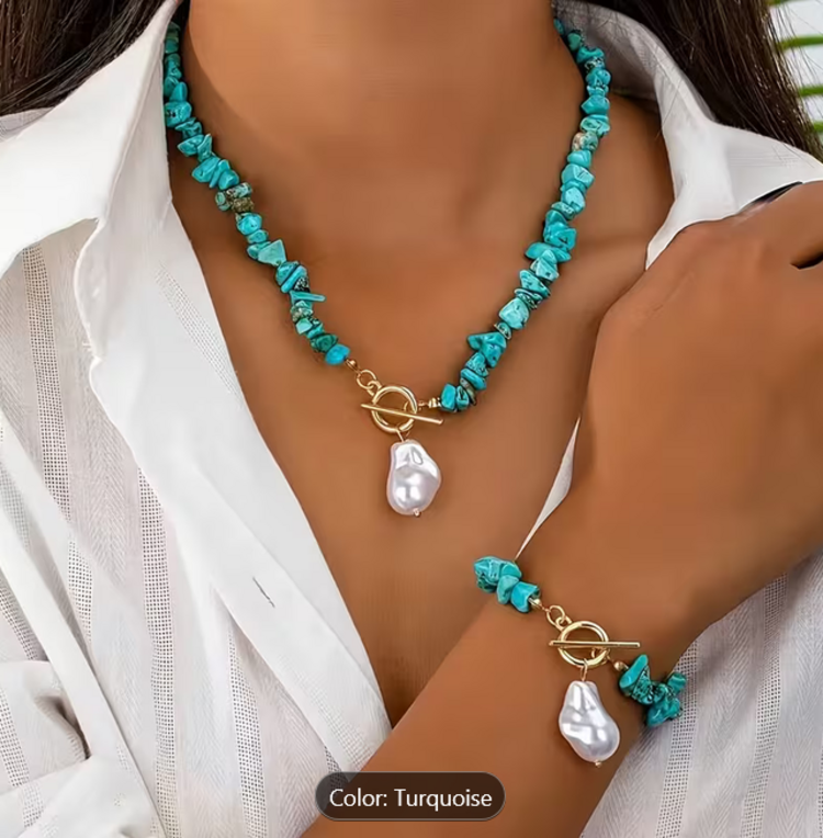 2pcs Vintage Elegant Turquoise Inlay Jewelry Set