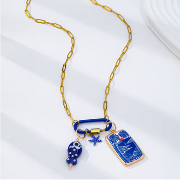 Gold Plated Tropical Charm Necklace with Adjustable Paperclip Chain and Colorful Enamel Pendants