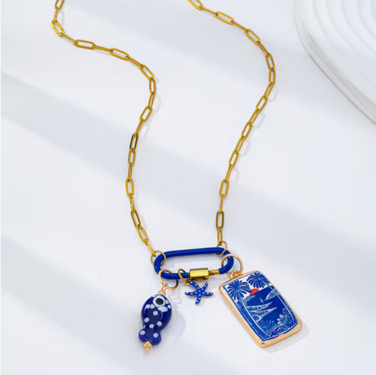 Gold Plated Tropical Charm Necklace with Adjustable Paperclip Chain and Colorful Enamel Pendants