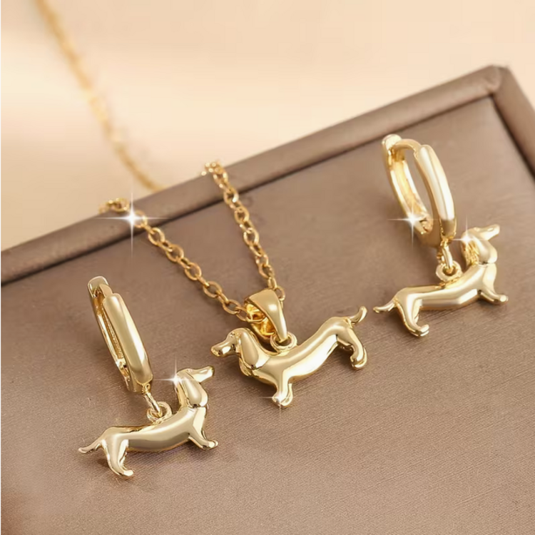 3pc Dachshund Dog Pendant Earrings And Necklace Set