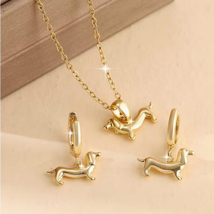 3pc Dachshund Dog Pendant Earrings And Necklace Set
