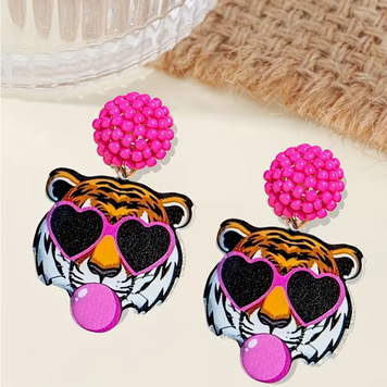 Pink Bubble Tiger Head Earrings