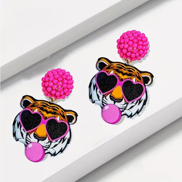 Pink Bubble Tiger Head Earrings