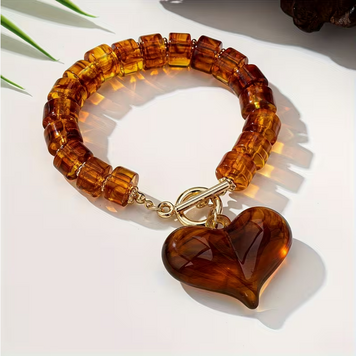 Acrylic Beaded Chain Bracelet with Large Amber Heart