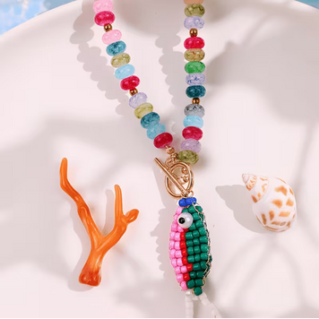 Bohemian Colorful Stone Beaded  Fish Pendant Necklace-Green