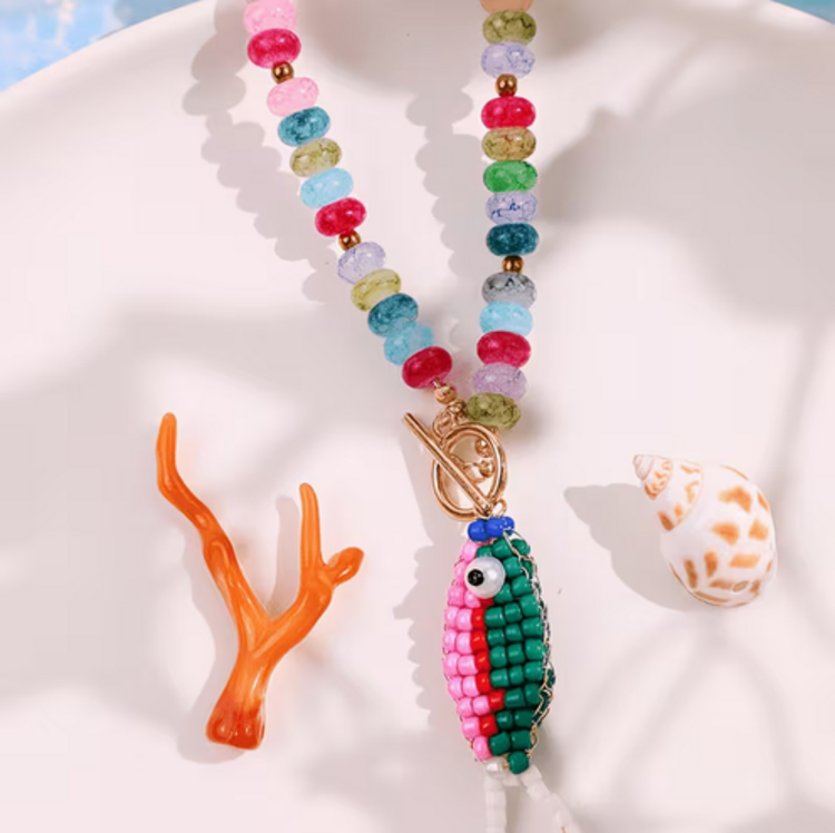 Bohemian Colorful Stone Beaded  Fish Pendant Necklace-Green