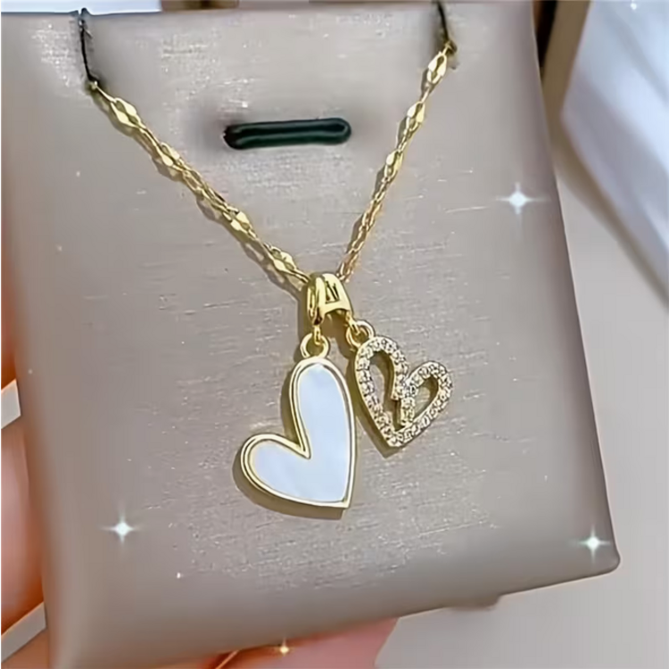 Double-Layer Heart Pendant Necklace with Charming Faux Shell Hollow-Out Design