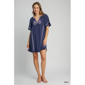 Umgee Linen Peasant Mini Dress Navy S