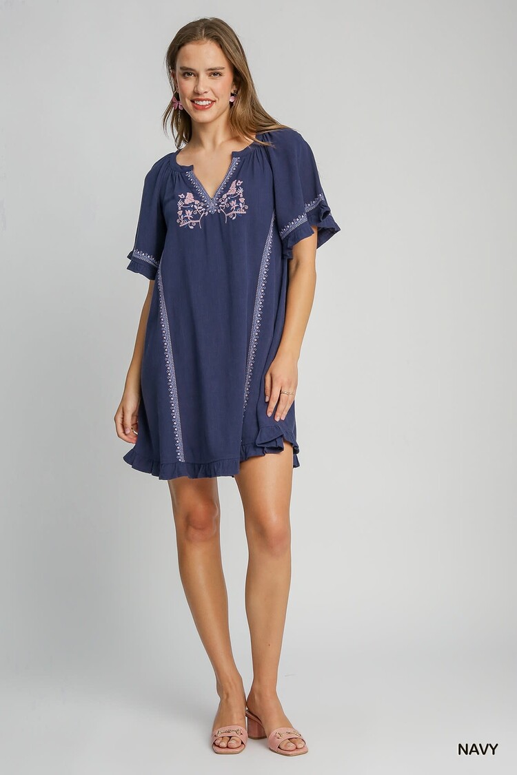 Umgee Linen Peasant Mini Dress Navy S