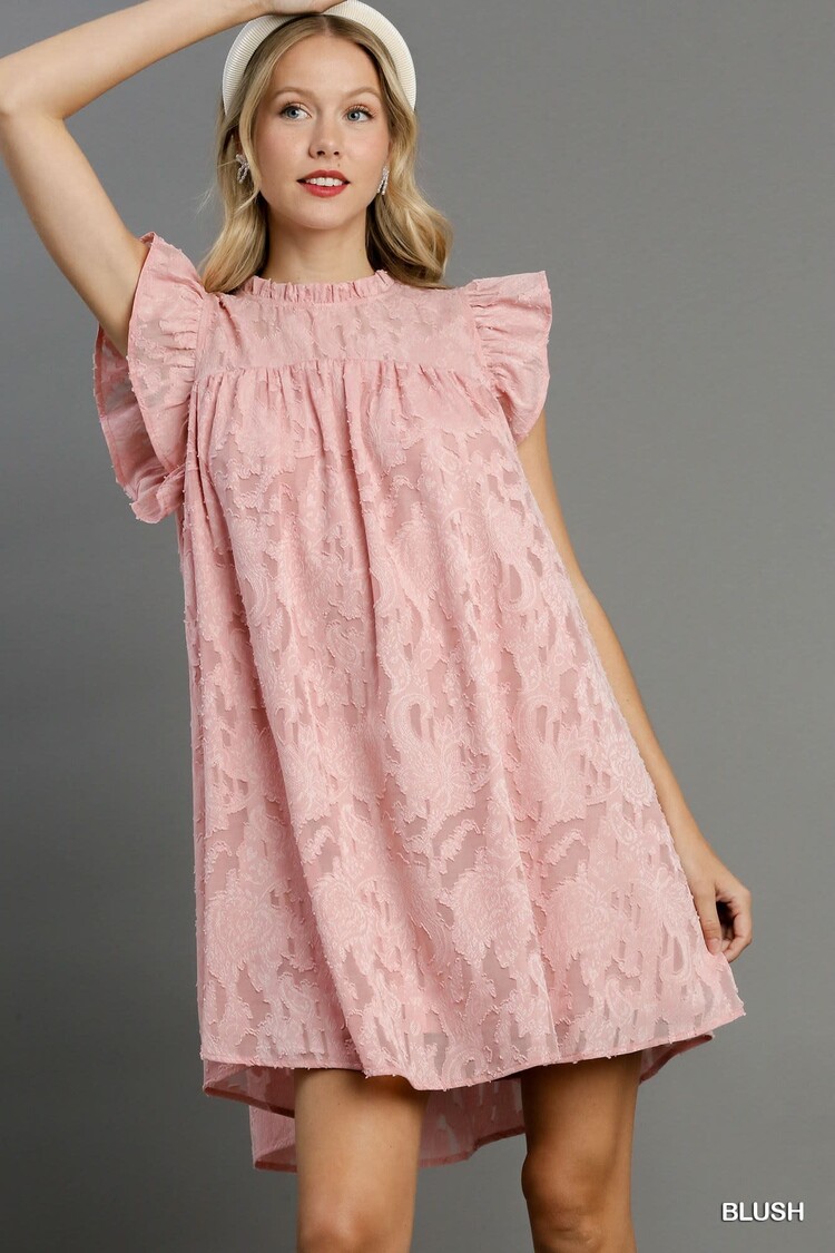 Umgee Jacquard Lace Ruffle Short Sleeve Dress with Back Button Keyhole Blush S