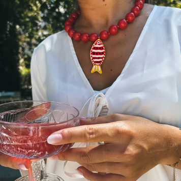 Beaded Double Layer Necklace with Fish Pendant