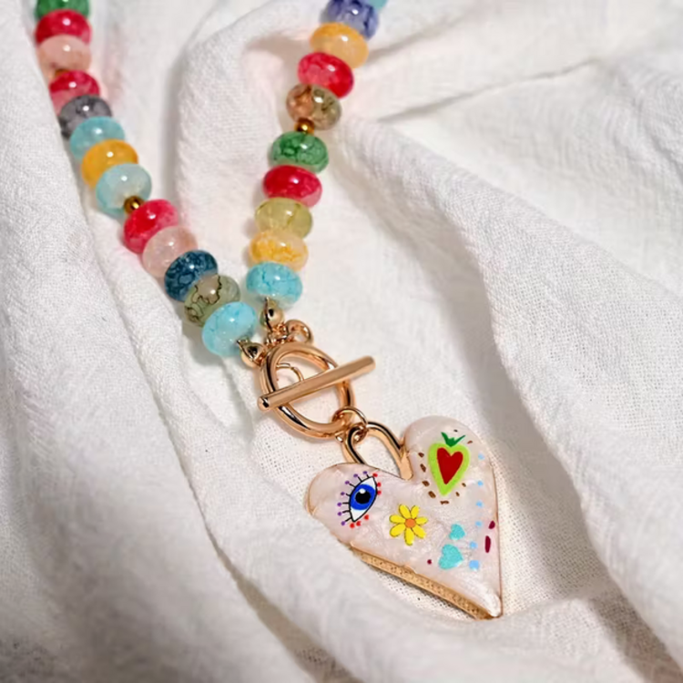 Colorful Glass Beaded Necklace with Heart Pendant