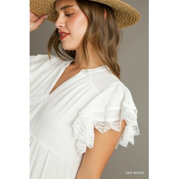 Umgee Tiered Split Neck Midi Dress with Eyelet Details & Short Ruffle Eyelet Layered Sleeve Off White M