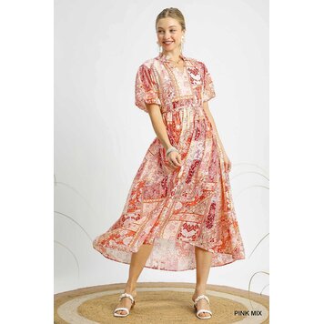 Umgee Boho Patchwork Ruffle Maxi Dress Pink Mix S