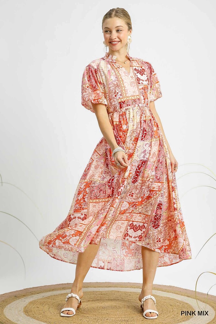 Umgee Boho Patchwork Ruffle Maxi Dress Pink Mix S