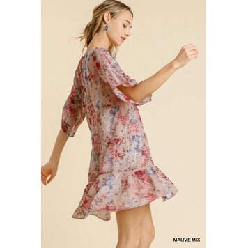 Umgee Sheer Floral Print Round Neck Half Sleeve Tiered Dress Mauve Mix S