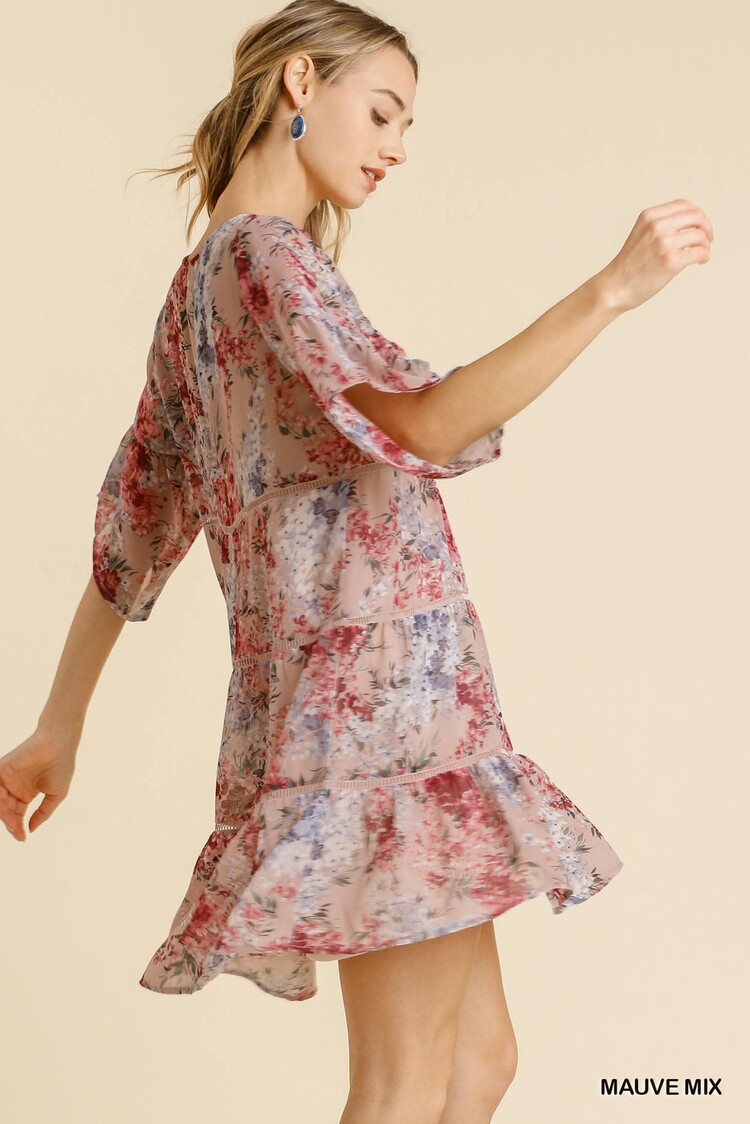 Umgee Sheer Floral Print Round Neck Half Sleeve Tiered Dress Mauve Mix S