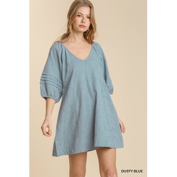 Umgee V-Neck Pleat Detail Puff Sleeve Dress with Back String Tie Dusty Blue L