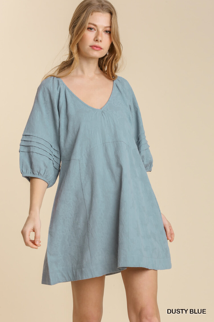 Umgee V-Neck Pleat Detail Puff Sleeve Dress with Back String Tie Dusty Blue L