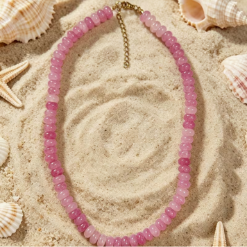 Pink Glass Flat Round Bead Strand Necklace