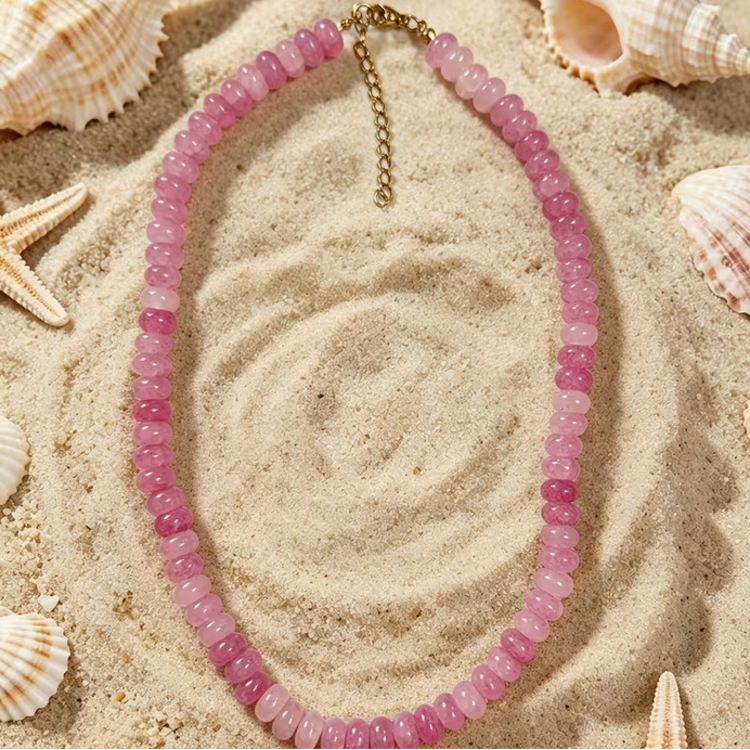 Pink Glass Flat Round Bead Strand Necklace
