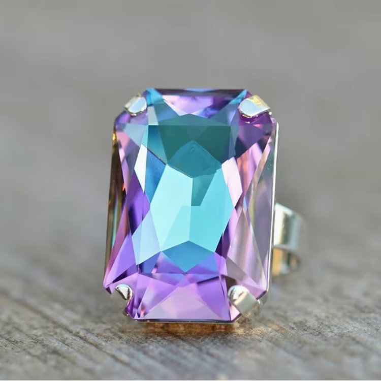 Exaggerated Square Adjustable Rhinestone Ring - Purple