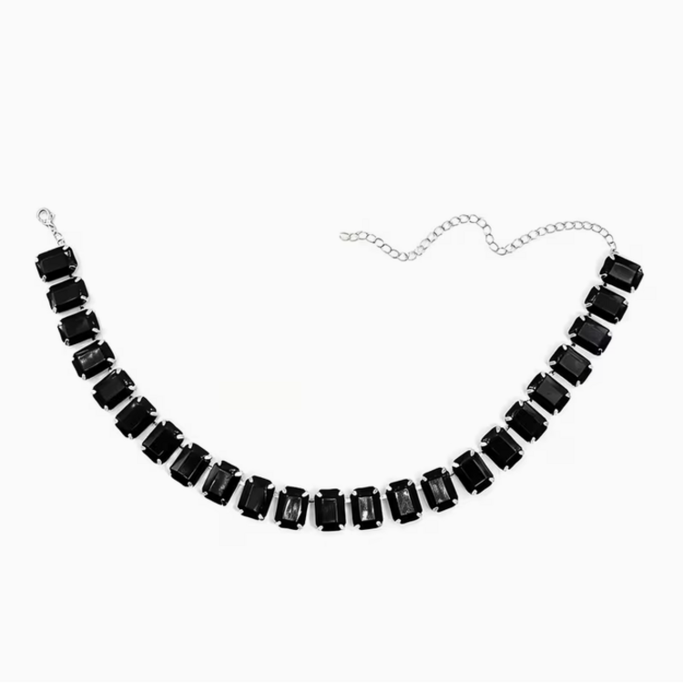 Block Exaggerated Light Luxury Retro Crystal Necklace - Silvery Black