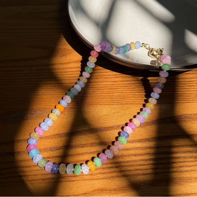 Ice Crack Natural Stone Beaded Chain Necklace - Polychrome