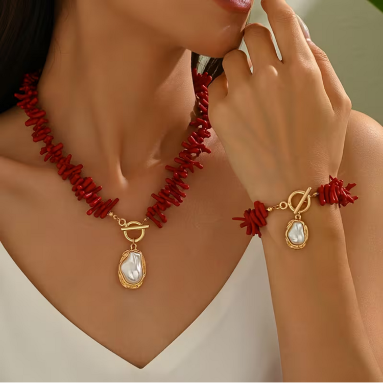 Bohemian Style Coral Baroque Imitation Pearl Bracelet/Necklace Set