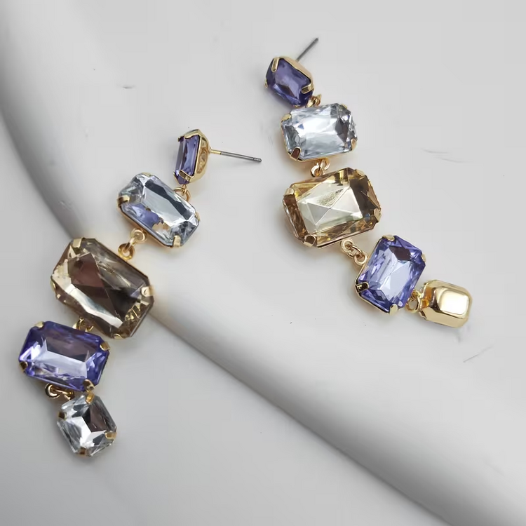 Purple Multicolor Geometric Crystal Drop Earrings