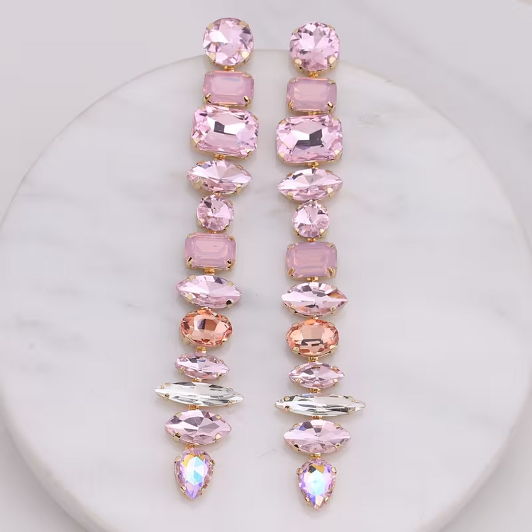 Pink Mixed-Cut Crystal Long Dangle Earrings