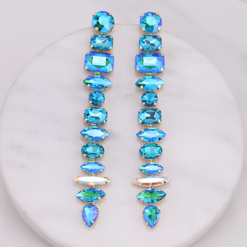 Blue Mixed-Cut Crystal Long Dangle Earrings
