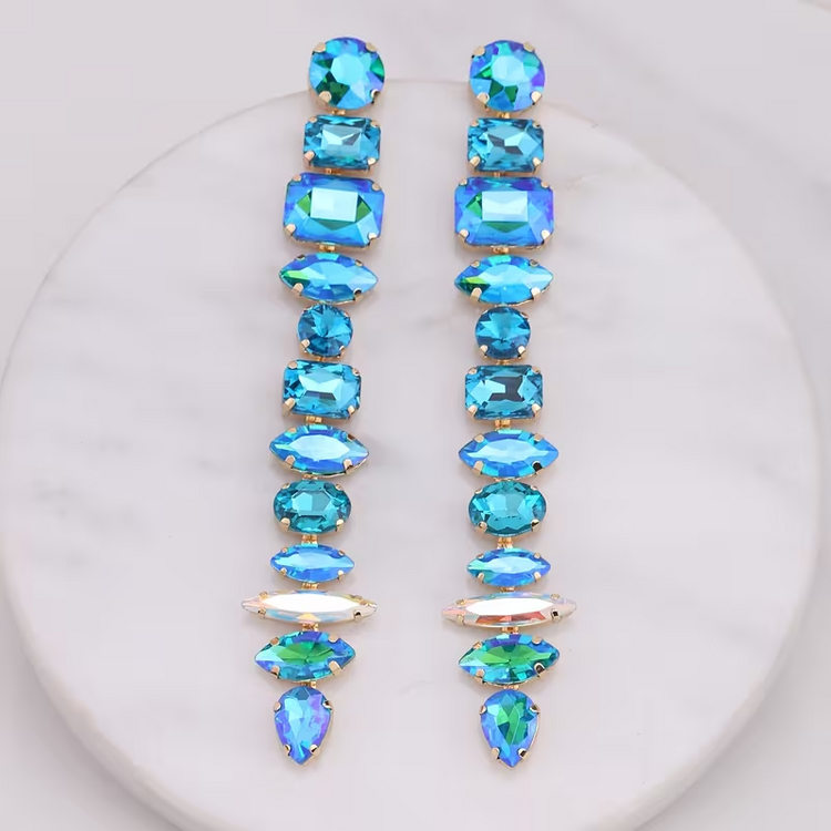 Blue Mixed-Cut Crystal Long Dangle Earrings