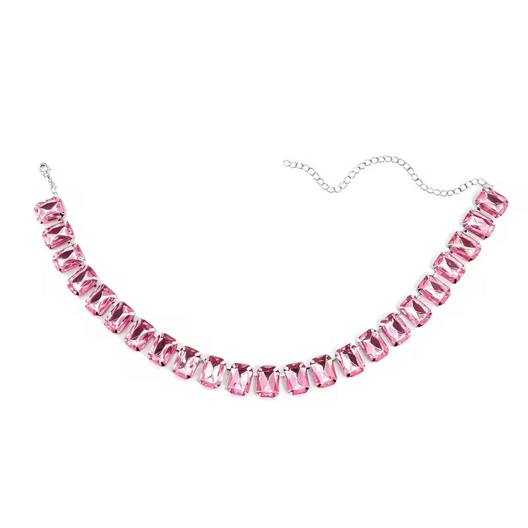 Block Exaggerated Light Luxury Retro Crystal Necklace - Silvery Pink
