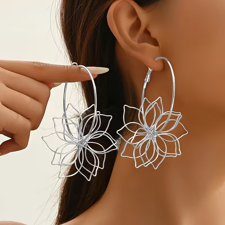 Hollow Flower Hoop Earrings Silvery