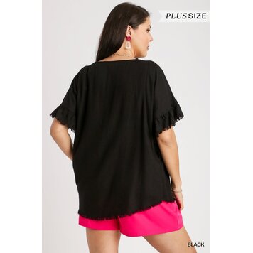 Umgee Linen Blend Short Ruffle Sleeve with Frayed Scoop Hem Black 1XL
