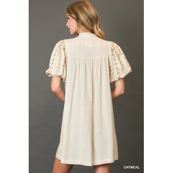 Umgee Split Neck A Line Midi Dress with Embroidered Details Oatmeal L