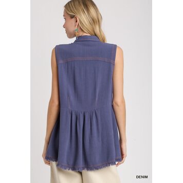 Umgee Regular Wash Sleeveless Tunic Top with Stitch & Fray Details Denim L