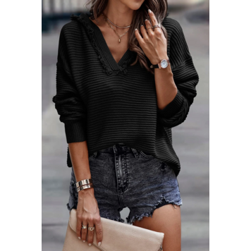 Black V Neck Ribbed Drop Shoulder Hooded Sweater
