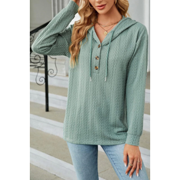 Button Front Textured Drawstring Hooded Long Sleeve Top