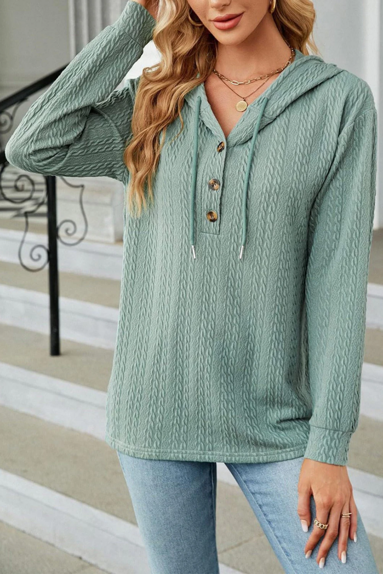 Button Front Textured Drawstring Hooded Long Sleeve Top