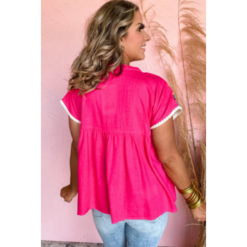 Geometric Embroidered Tassel Tie V Neck Blouse
