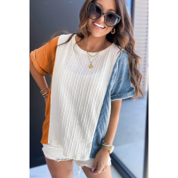 Textured Color Block Loose Fit T Shirt
